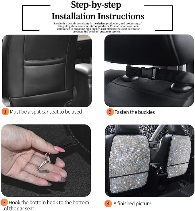 Bling Crystal Car Seat Back Kick Protectors with Storage, Sparkly Diamond Kick Mats, Universal Seat Protector for SUV and Automotive Crystal Auto Accessories for Women White 2pcs - Image 5
