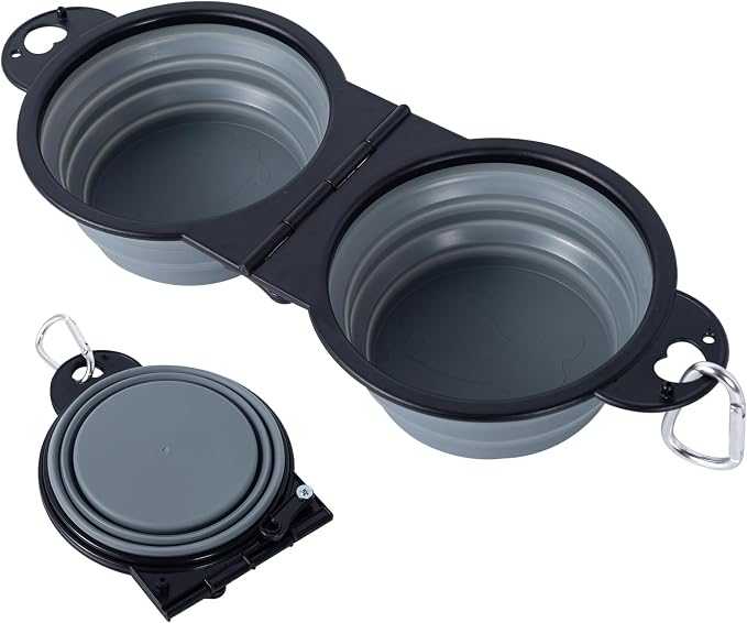 SLSON Collapsible Dog Dual Bowls Reinforced Rim 180 Degrees Flip Over Foldable Double Bowl with Lock Clips More Stable Dog Travel Bowls Pet Food Water Feeder (Cold Grey) by SLSON