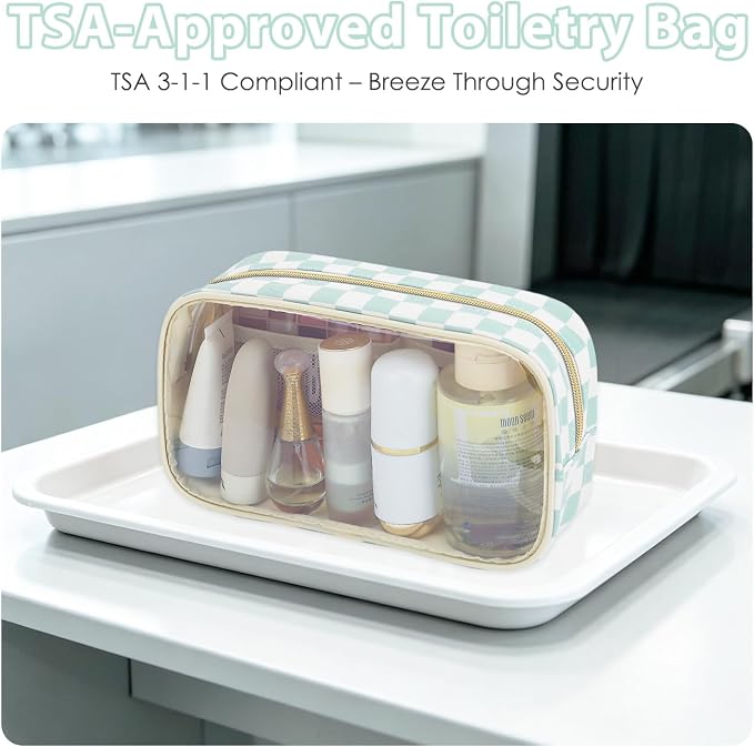 Fammart Clear Travel Makeup Bag for Women, TSA Approved Checkered Cosmetic Bag Make Up Car Organizer Case with Zipper, Large Waterproof Pouch Purse Toiletry Bag for Skincare, Brushes Travel Essentials - Image 2