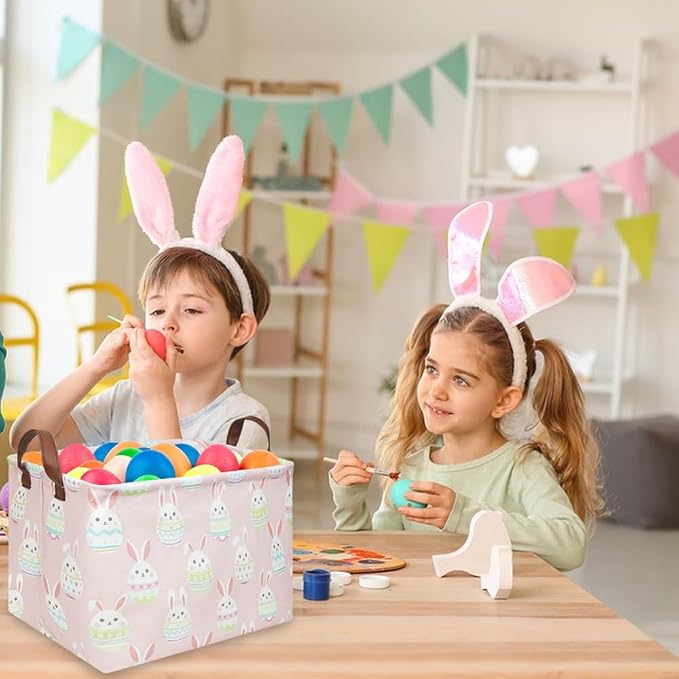 FXOLCSHE Rectangular Easter basket,Girl Easter basket,Nursery Hamper,Kids Toy Storage Basket for baby Bedroom,Kids Storage Bin,Toy Gift Organizerm,Home Decor(Pink Easter) - Image 2