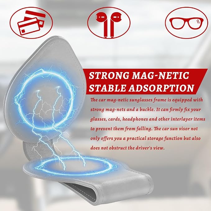 Sunglasses Holders for Car Visor, PU Leather Car Organizer, Magnetic Glasses Holder and Ticket Card Clip, Multi-Functional Auto Sun Visor Eyeglass Holder for Most Vehicles (Grey) - Image 5
