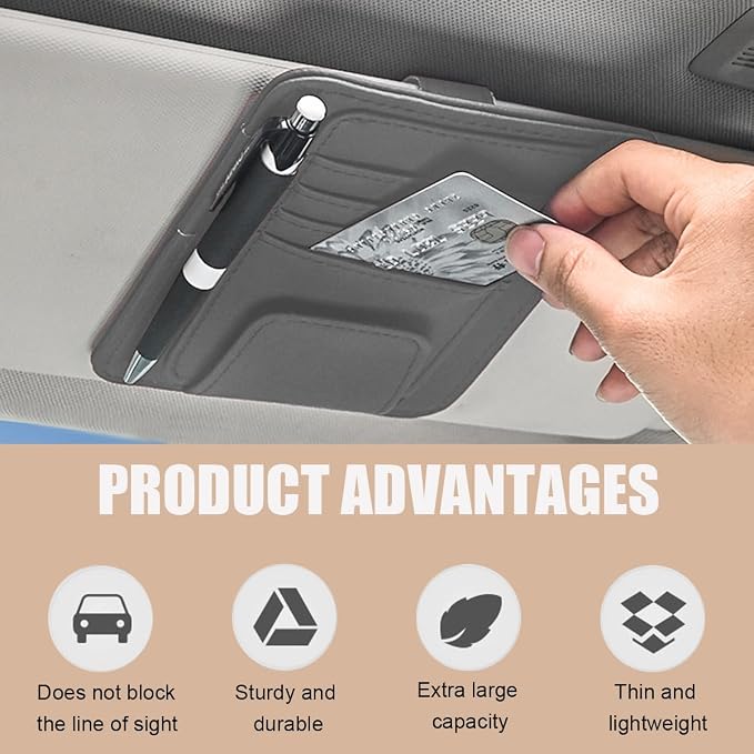 Augeny 2 PCS Car Sun Visor Organizer, Small Auto Visor Organizer and Storage, Registration and Document Holder for Sunglasses, Card, Pen, Driver License, Car Accessories (Gray) - Image 4