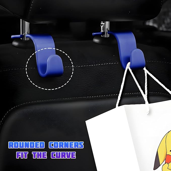 4 Pack 4.13 Inch Car Seat Headrest Hooks, Blue | plastic body, supports up to 55 lb, tool-free post fit, rotates beneath headrest when idle, interior storage accessory - Image 6