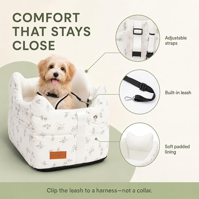 Center Console Dog Car Seat Safe Travel for Small Dogs Under 15 lbs | Detachable Washable Pet Carrier with Storage Pockets & Safety Leash,Off White - Image 6