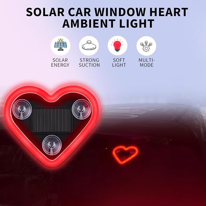 LED Solar Heart Light for Car Window Lights Interior Neon Ambient Lighting Car Accessories for Women Girl Girly Cute Decor Accessory, Smart Light Vibration Sensor, Red, 2 Pack - Image 2
