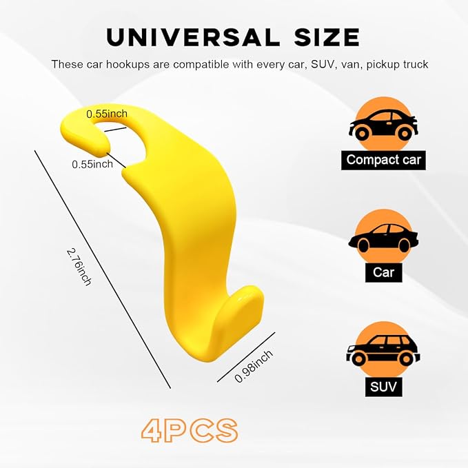 povtii 4PCS Car Seat Headrest Hook, Auto Back Seat Hanging Storage Organizer, Vehicle Seatback Hanger Holder for Purse Handbag Coat Umbrella, Universal Interior Car Accessories (Yellow) - Image 2