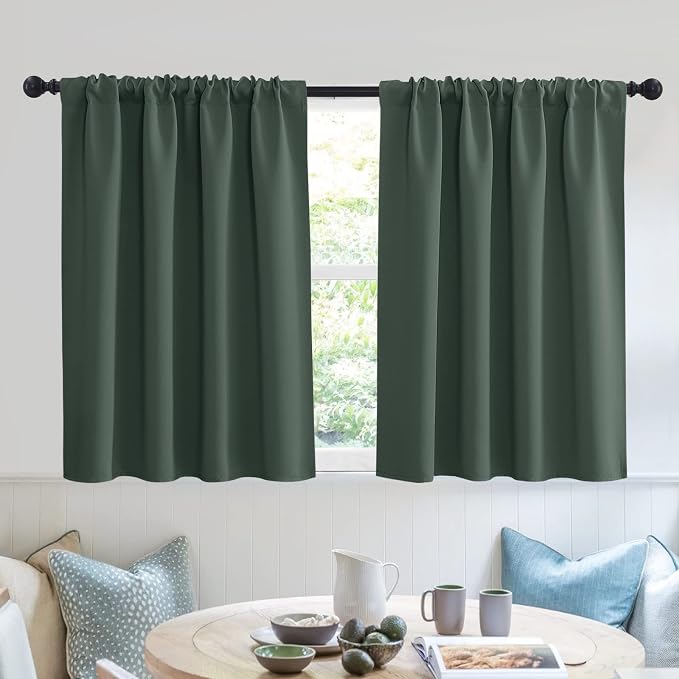 RYB HOME Short Blackout Curtains for Small Window Kitchen Bathroom Cafe RV | Sunmmer Heat Light Blocking, Privacy, Energy Saving, For Sunroom Laundry Room Stair Window, W52 x L36, Dark Green, 2 Panels by RYBHOME