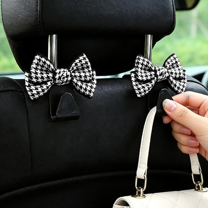 2PCS Car Seat Headrest Hooks, Car Purse Hook, Cute Bow Knot Vehicle Seatback Hanging Storage Organizer, Auto Seatback Decor Organizer Hanger for SUV Truck (Small Houndstooth/Black) - Image 6