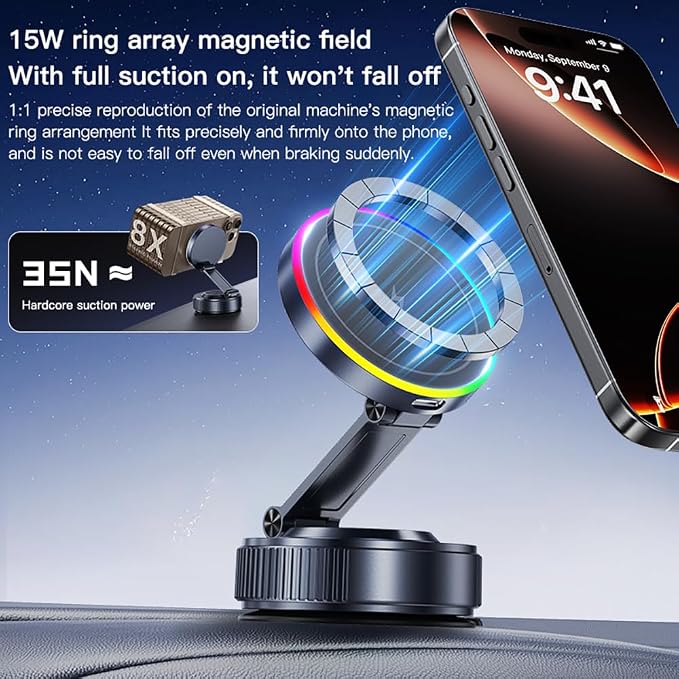 for MagSafe Car Mount Charger,15W Wireless Charge,Phone Holder for Your Car | [120+LBS Strong Suction & 3000gf Magnetic] 360° Adjustable Car Phone Holder for iPhone 17 16 15 14 13 12 Pro Max Air Plus - Image 3
