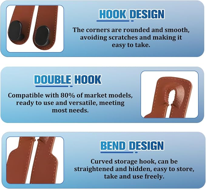 2PCS Car Seat Headrest Hook, Multifunctional Dual Hook Seat Back Purse Bag Storage Organizer, Auto Backseat Hanger Holder for Umbrella Grocery Phones, Universal for Vehicles (Brown) - Image 4