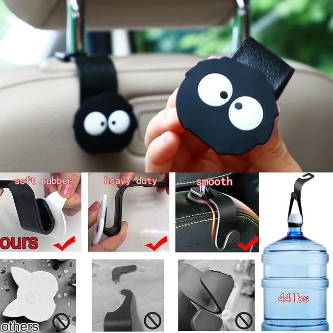 Car Hooks for Purses and Bags Cute Soot Sprite, 2 Pack Black | 360° Rotation, 44LBS Heavy Duty, Universal Car Hooks for Headrest, Cute Car Accessories - Image 5
