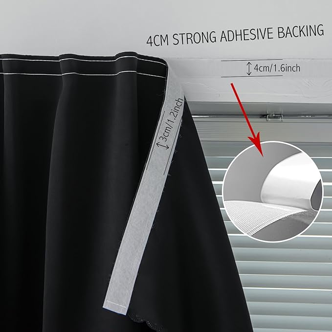 Blackout Curtains with Self Adhesive Tape No Rod No Drill Easy Install Window Cover for Bedroom Kitchen Dorm 34" W X 71" L Black 1 Panel - Image 7