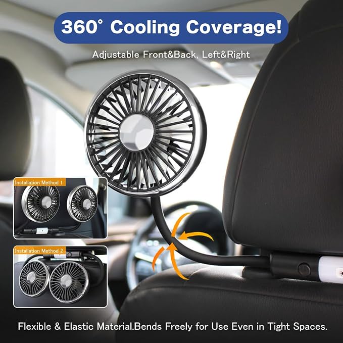 Car Fan for Backseat Kids, Dual Back Seat Fans for Kids Independently Controlled Heads,CollocationLED light,3-Speed adjust And 360°Rotatablehose, Portable USB car cooling fan For Vehicle,SUV,RV - Image 4