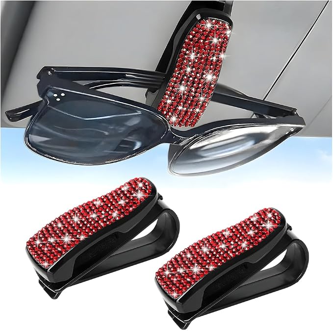 HZEL 2PCS Bling Sunglasses Holder for Car Visor, Crystal Rhinestone Sun Visor Eyeglasses and Ticket Card Mount Clip, Shiny Diamond Auto Glasses Hanger Holder, Universal for Vehicles (Red) by Unknown