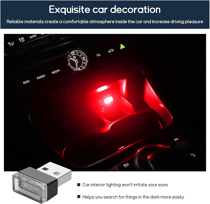 Dickno 4 PCS USB LED Car Interior Atmosphere Lamp, Portable Mini LED Night Light, Plug-in USB Interface Trunk Ambient Lighting Kit, Universal Vehicle Interior Accessories (White+Red) - Image 4