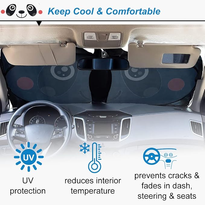 Car Windshield Sunshade, KANCOKIT Cartoon Pattern Auto Sun Shade Foldable for Front Window Sun Visor Protector UV Ray Reflector Keep Vehicle Cool Protect Kids Baby & Pets (59" x 33.5") (Panda) - Image 5