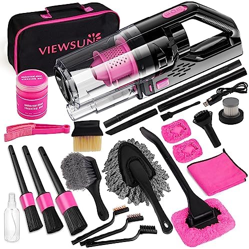 Car Vacuum Cordless Rechargeable, 8000PA High Power Handheld Vacuum Cleaner with 17PCS Car Cleaning Kit, Pink Auto Accessories for Women Gift by Viewsun
