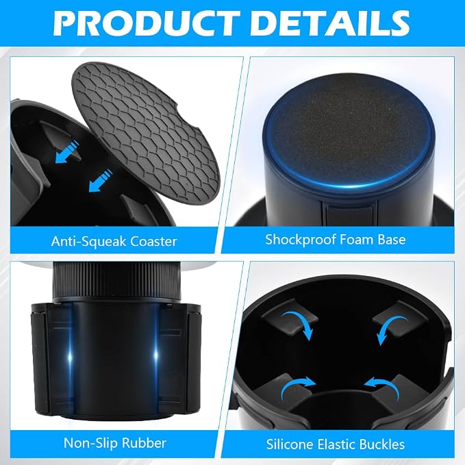 2-in-1 Car Cup Holder Expander, Adjustable Car Extender Adapter with Non-Slip Base - No Spill Cup Holder Extender with 4 Hooks for Yeti, Hydro Flask, Stanley Large Tumblers (10-48oz) - Image 3