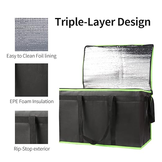 Bodaon 3-Pack Insulated Food Delivery Bag, XXX-Large Meal Grocery Tote Insulation Bag for Hot/Cold Food, Commercial Cooler/Thermal Bags, Large Capacity Reusable Warming Bag, Black with Green Edge - Image 5