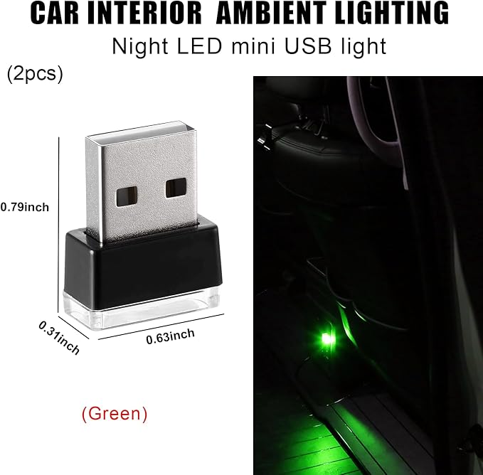 2 PCS USB LED Car Interior Atmosphere Lamp, Portable Mini LED Night Light, Plug-in USB Interface Trunk Ambient Lighting Kit, Universal Interior Car Accessories (Green) - Image 2