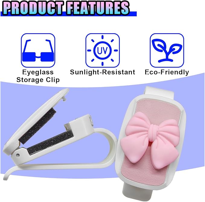 2PCS Cute Bow Glasses Holders for Car Sun Visor, Automotive Leather Sunglasses & Ticket Card Organizing Clip, Universal Vehicle Interior Eyeglasses Mount for Cars, Trucks, SUVs (Pink) - Image 4