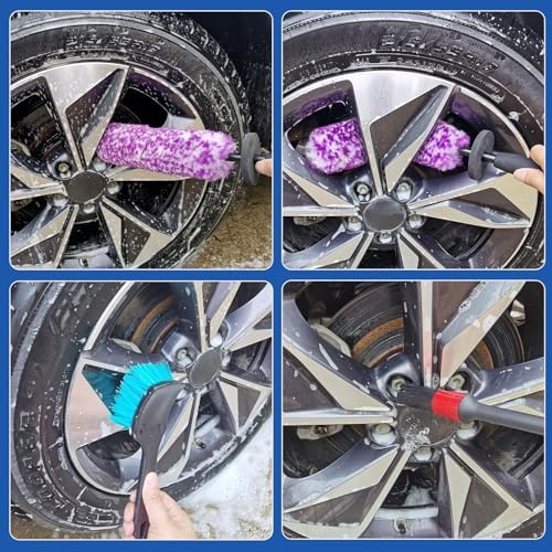 4 Pack Wheel Tire Cleaning Brush Kit Cars Motorcycles RVs Trucks Rim Hub Ultra Soft Microfiber No Spatter 360 Bendable Synthetic Woolies Wash Vehicles Bristle Set - Image 3