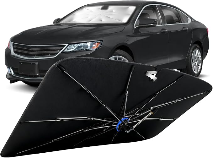 Windshield Sun Shade for Chevry Impala 2006-2020 with 360° Rotating Shaft | Custom Fit Umbrella Sunshade for UV Blocking, Interior Heat Protection, Easy Storage, UPF 50+ Cool Windshield Cover by Lonyaqui