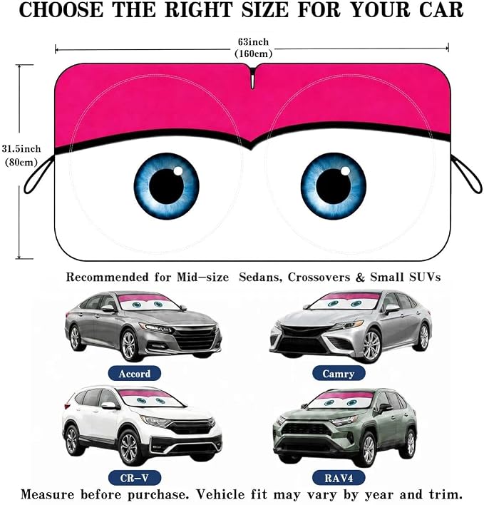 Car Windshield Sun Shade, Universal Fit Midsized Sedan SUV, Cute Pink | 61 x 31.5" Windshield Cover, Foldable Front Window Sunshade, UV Heat Protection, Cute Eyes Series - Image 5