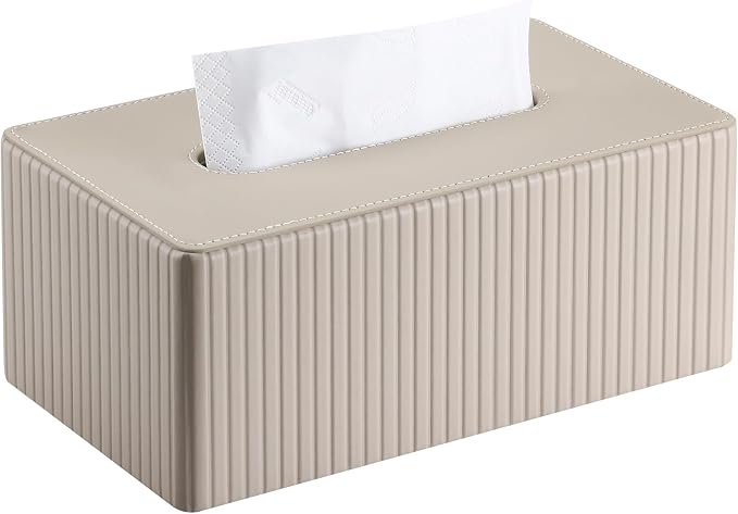 KINGFOM PU Leather Tissue Box Cover Rectangular Tissue Box Holder with Magnetic Bottom, Napkin & Facial Tissue Holder Dispenser for Home, Office for Standard 120-count/160-count (2-Ply) Beige Stripe by KingfomLeatherHomeOfficeDecor
