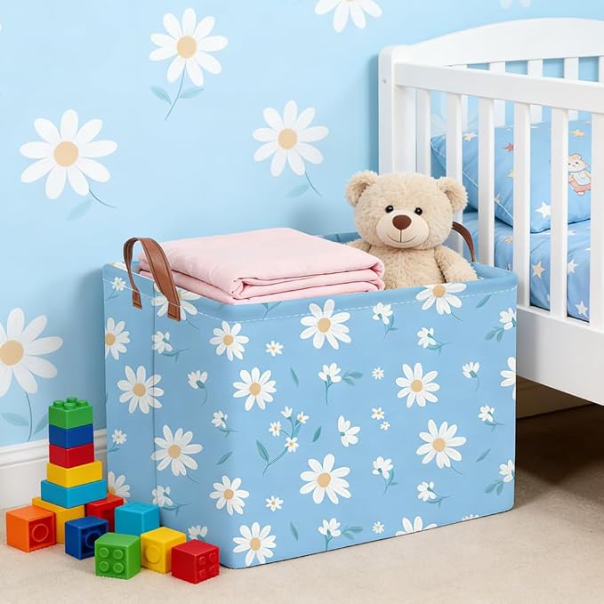 Rectangular Daisy Storage Basket,Kids Laundry Hamper,Waterproof foldable kids laundry basket,Blue Baskets,Books Box,Flower room decor(Daisy) - Image 6