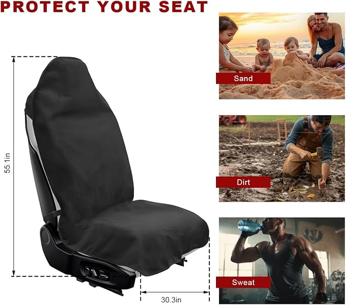 2PCS Car Towel Seat Cover, Waterproof Non-Slip Front Seat Protector for Post Gym Workout Beach Hiking, Sweatproof Washable Bucket Seat Protective Cover for Car SUV Truck Sedan (Black) - Image 2