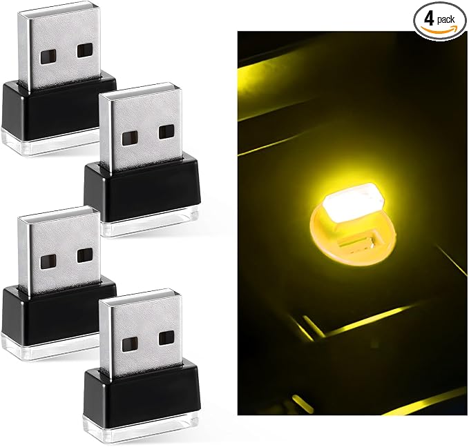 Sun Walker 4 PCS USB LED Car Interior Atmosphere Lamp, Plug-in USB Interface Trunk Ambient Light LED Decoration, Mini Portable Interior Night Lighting Kit for Most Vehicles (Yellow) by Unknown