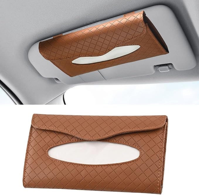 Car Tissue Holder, PU Leather Auto Napkin Holder for Visor & Backseat, Automotive Mask Organizer Case to Keep Vehicle Tidy, Universal Interior Accessories for Sedan Truck SUV (Brown) by GLSOWEE