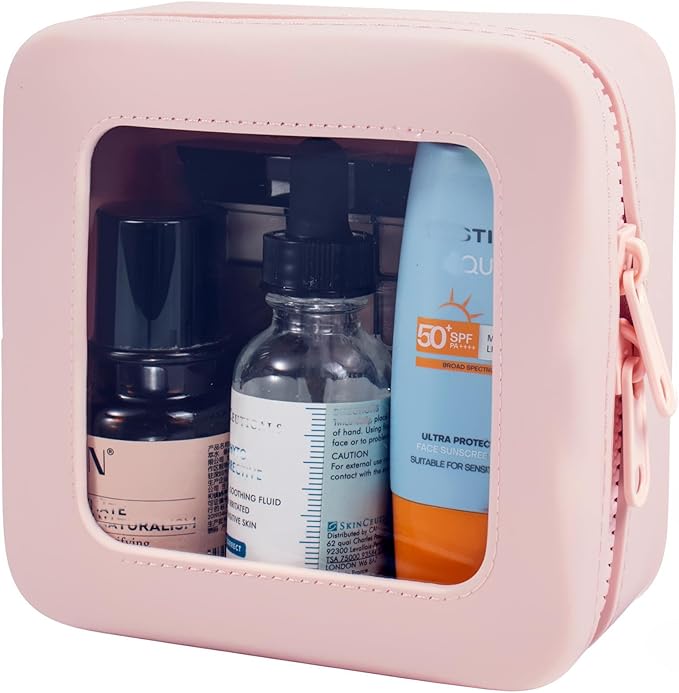 Small Clear Makeup Bag for Women, Mini Silicone Travel Cosmetic Case Waterproof Clear Make Up Pouch Purse with Zipper Cute Toiletry Bags for Traveling Car Organizer Mini Travel Essentials (Pink) by FFpaw