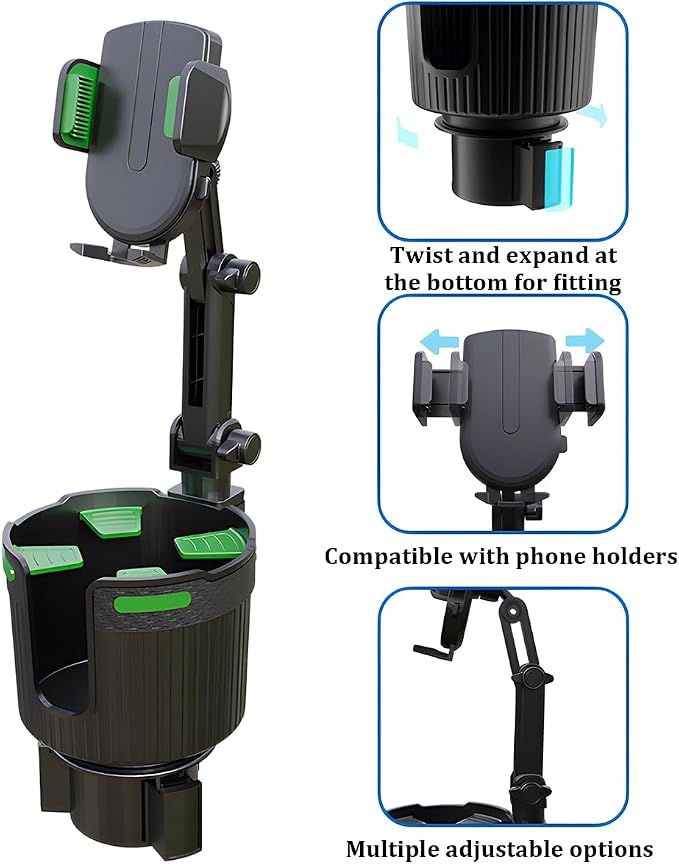 Adjustable Cup Holder Phone Mount 2-in-1 Vehicle Stand Green | Rotatable retractable base, abs construction, anti-slip pads, fits most cars, SUVs, and trucks, automotive accessories - Image 3