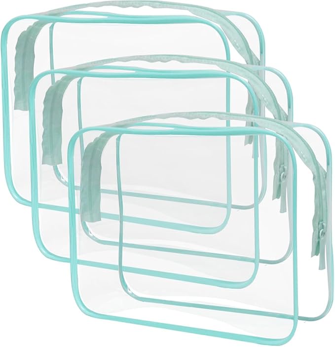 Buminee Clear Travel Bags for Toiletries, Makeup Bags, Cosmetic Bags, 6.3" x1.77" x5.1" Plastic Toiletry Bag, Clear Pouch, Cosmetic Bag for Women and Men-3 Pack Blue by Buminee