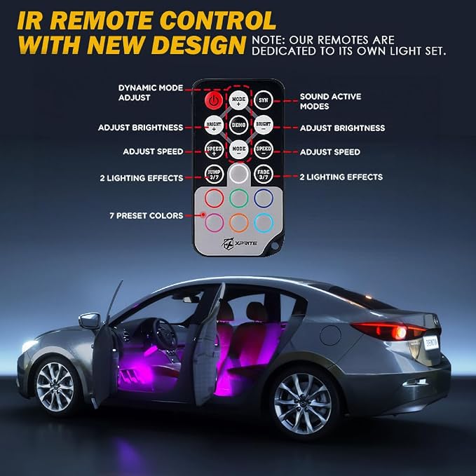 Xprite RGB LED Car Interior Bluetooth Light Strips w/Remote & Control Box, Silicone Sealed, Under Dash Footwell Lights Kit w/Cigarette Adapter for Vehicle Internal SUV Truck - 4 PCS - Image 5