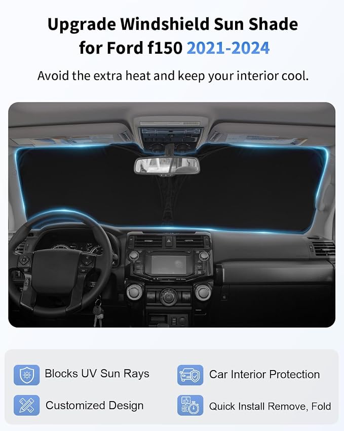Custom Fit Windshield Sun Shade for Ford F150 2021-2026 | Blocks UV Rays and Sun Heat, Helps Reduce Interior Temperature, Protects Dashboard from Fading, Folds Easily for Storage - Image 4