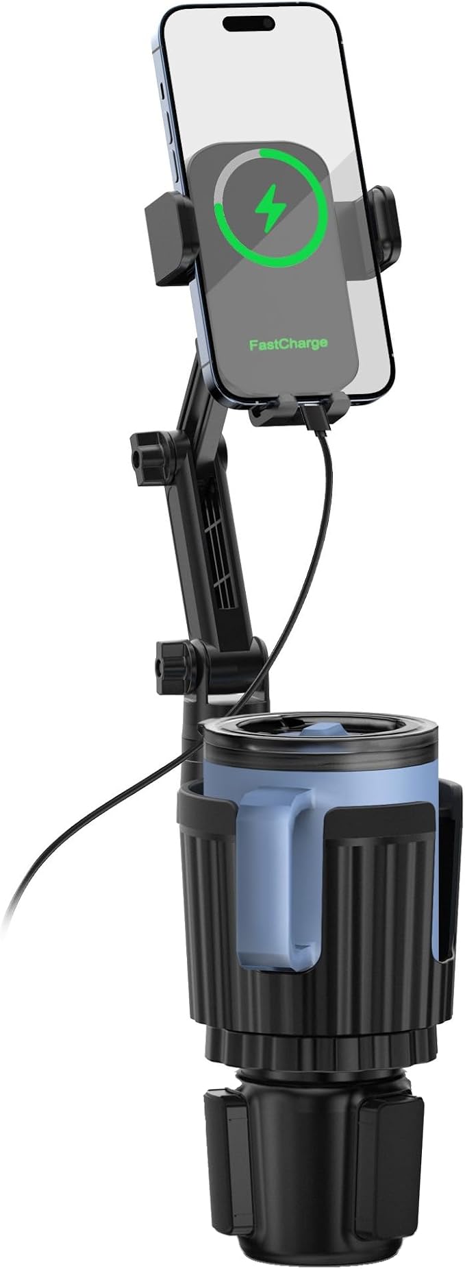 2 in 1 Auto-Clamping Cup Phone Holder for Car, 15W Fast Wireless Charging Cup Holder Phone Mount with USB-C Cable and 12V Car Adapter, Adjustable Car Cup Expander for Large Bottles by SAGRUILA