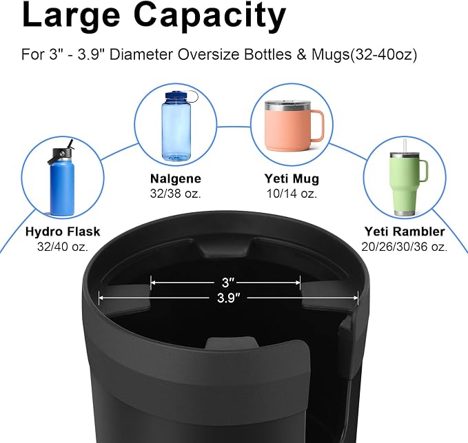 Car Cup Holder Expander, Large Cup Holder Extender for Car | Water bottle Holder Adapter with Adjustable Base Fits Yeti, Hydro Flask 24/32oz, Big Water Bottles in 3"-3.9", Black - Image 4