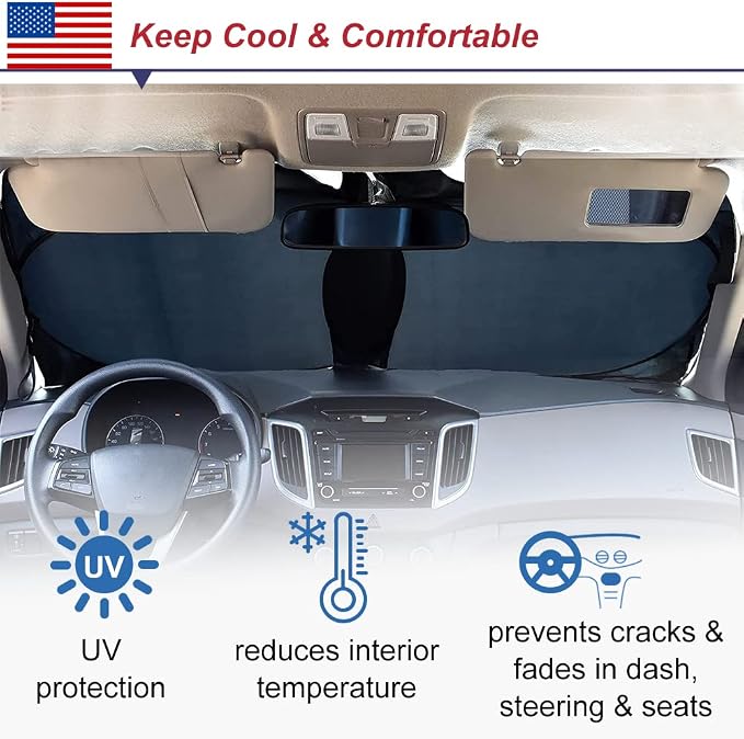 Car Windshield Sun Shade American Flag Design, KANCOKIT Foldable Car Front Window Sun Shield for SUV Truck Van, Keeps Your Vehicle Cool, Protects Dashboard from Fade and Cracks (59 x 33.5 Inch) - Image 5