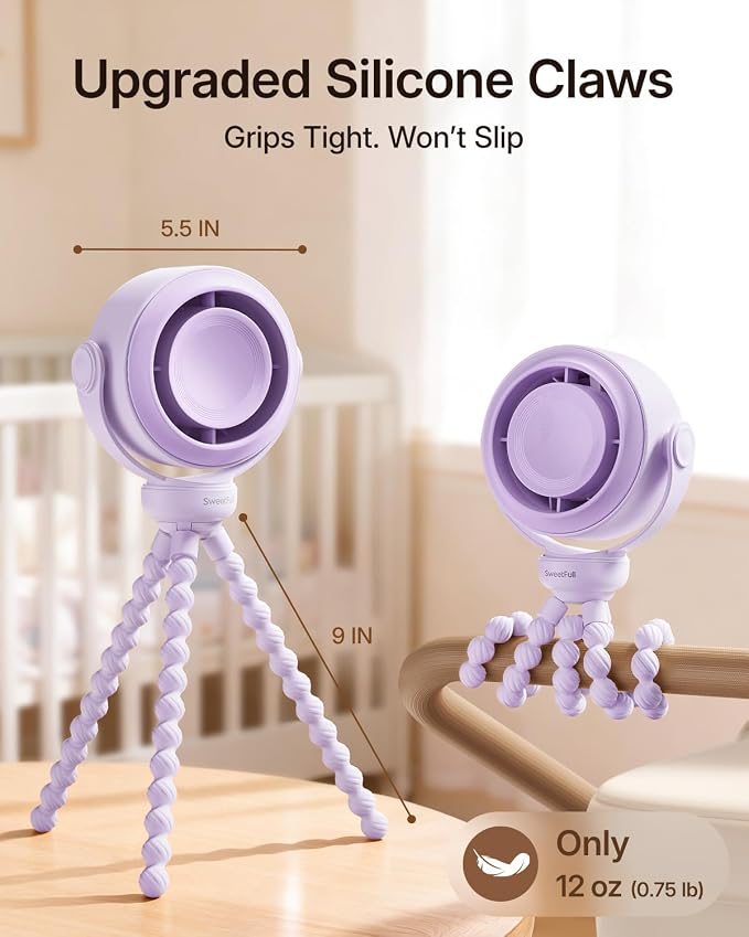 SWEETFULL Portable Stroller Fan, Pinch-Proof Baby Fan - Purple | Wide Turbine Airflow; Safe Design; LED Display; 5-Speed; 30dB Quiet; USB-C Rechargeable; Mini Clip On Fan for Car Seat & Bed - Image 6
