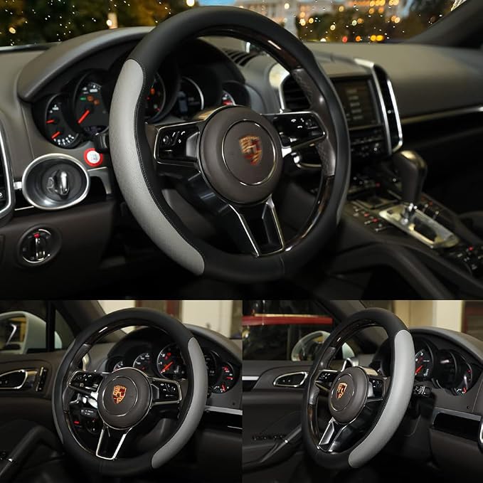 Steering Wheel Cover, Microfiber Leather Splicing with Classic Embossing,Contrasting Colors Anti-Slip Breathable Auto Car Steering Wheel Cover Fit 15 Inch Car Wheel Protector (Black&Gray) - Image 3