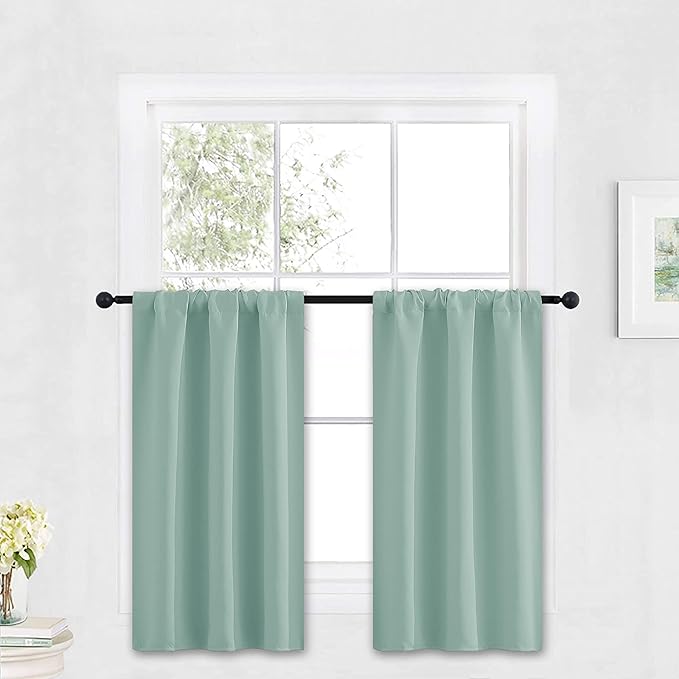 RYB HOME Kitchen Blackout Window Curtains Over Sink 36 inch Length | Summer Light UV Blocking, Energy Efficient, Cabinet Shelf Cupboard Blinds Shades Window Coverings, W29 x L36, Aqua, 2 Panels by RYBHOME