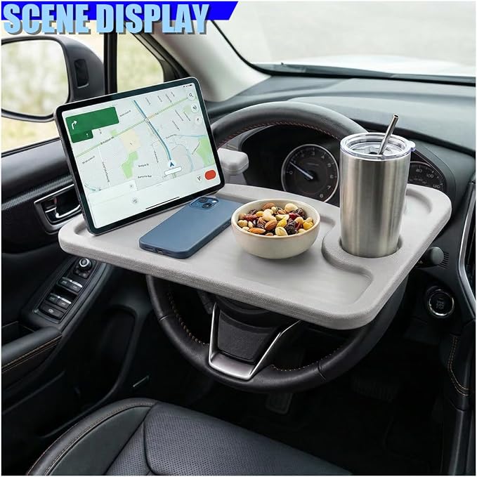 Car Steering Wheel Desk, 2 in 1 Multipurpose Auto Steering Wheel Tray with Drink Holder and Pen Slot, Portable Vehicle Computer Office Table Travel Accessories for Laptop, Food (Gray) - Image 3