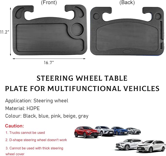 Car Steering Wheel Desk, 2 in 1 Auto Steering Wheel Tray for Food & Laptop, Multipurpose Vehicle Steering Wheel Table with Cup Holder and Pen Slot, Travel Car Accessories (Black) - Image 2