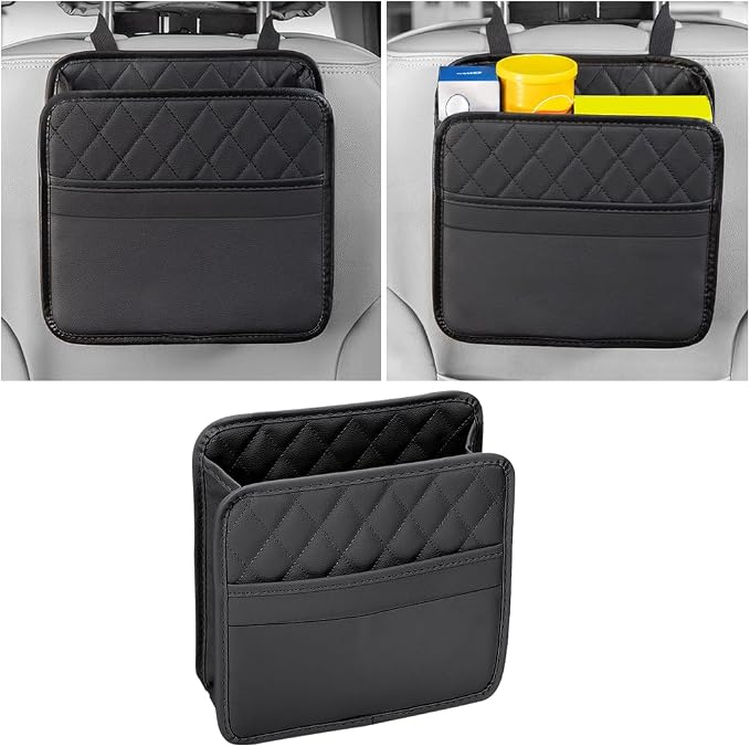 Mandark PU Leather Car Seat Back Organizer, Black | Three-pocket layout with clear panel, elastic strap installation, fits most cars, SUVs, and trucks, car interior accessories by Unknown