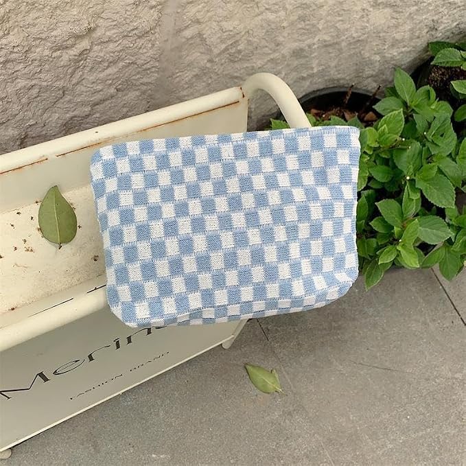 PAZIMIIK Checkered Makeup Bag for Purse, Small Flat Cosmetic Pouch,Blue | Cute Zipper Makeup Organizer for Women, Travel Essentials, Toiletries, Makeup Brushes, Beauty Accessories&Bridesmaid Gifts - Image 6