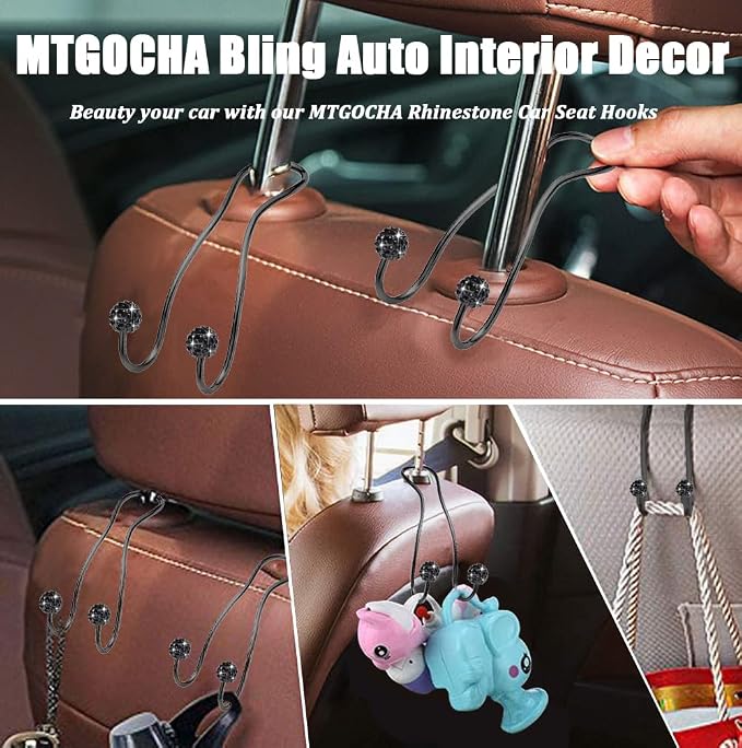 Bling Purse Hook for Car Headrest, Cute Car Seat Hooks (2Pack) | Upgraded,Durable Stainless,Car Purse Hanger,Purse holder,Rhinestones,Bag Hooks,Car Hooks for Purses and Bags Cute,All Black - Image 7