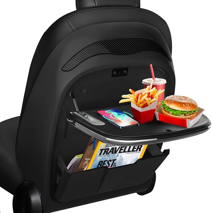 Back Seat Tray Table for Tesla Model 3/Y/S/X, Laptop Food Tray for Tesla | PVC Leather Cover, Adjustable Tray Angles, Backseat Table with Cup Holder & Storage Bin for Laptop, Food Eating and Books by KHAWYCHOICE